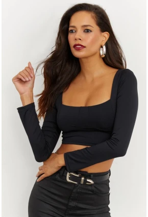 Kadın Siyah Kare Yaka Crop Bluz CG263