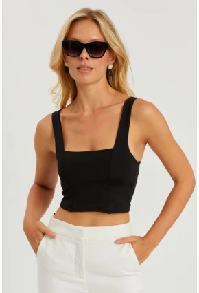 Kadın Siyah Kare Yaka Crop Bluz CG348