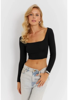 Kadın Siyah Kare Yaka Crop Bluz CG362