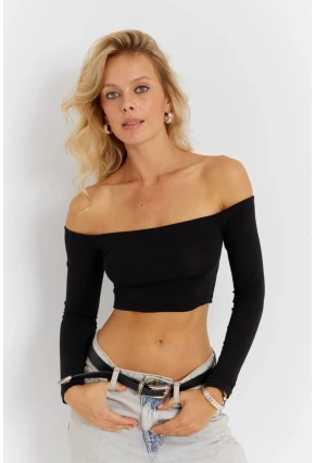 Kadın Siyah Kare Yaka Crop Bluz CG364