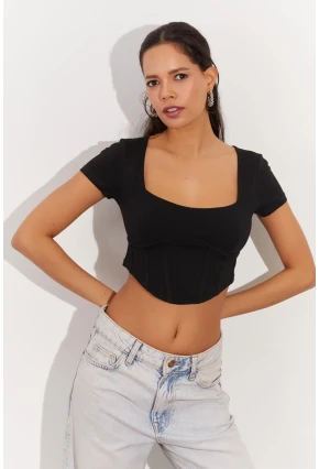 Kadın Siyah Kare Yaka Crop Bluz RX420
