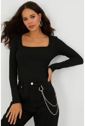 Kadın Siyah Kare Yaka Kaşkorse Bluz Yİ2396