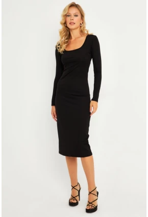 Kadın Siyah Kare Yaka Midi Elbise CG382