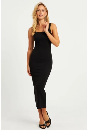 Kadın Siyah Kare Yaka Midi Elbise DMR295