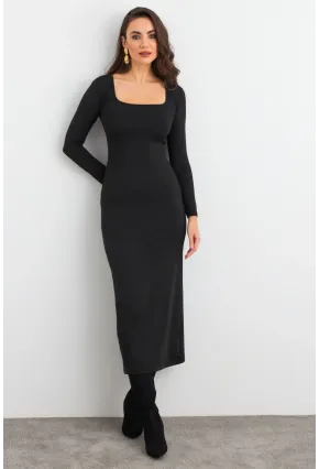 Kadın Siyah Kare Yaka Midi Elbise XC8102