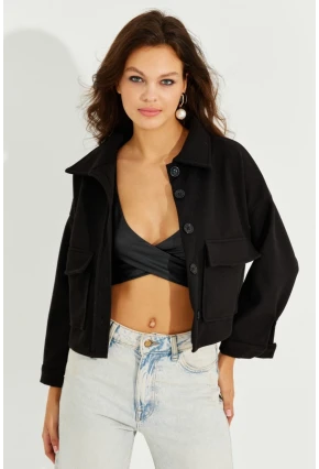 Kadın Siyah Kaşe Cepli Kısa Ceket PP2444