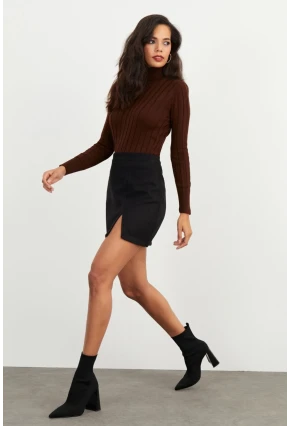Kadın Siyah Kaşe Mini Etek KN55