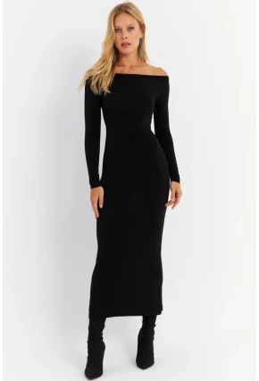 Kadın Siyah Kayık Yaka Maxi Yılbaşı Elbise HOR03