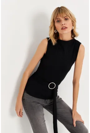 Kadın Siyah Kemer Aksesuarlı Bluz TF67