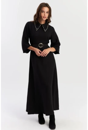 Kadın Siyah Kemerli İncili Maxi Elbise ALZ341