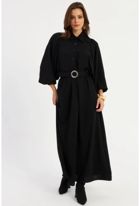 Kadın Siyah Kemerli Maxi Elbise MASF15