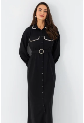 Kadın Siyah Kemerli Maxi Gömlek Elbise MASF17