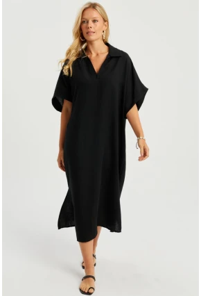 Kadın Siyah Keten Midi Elbise DMR85