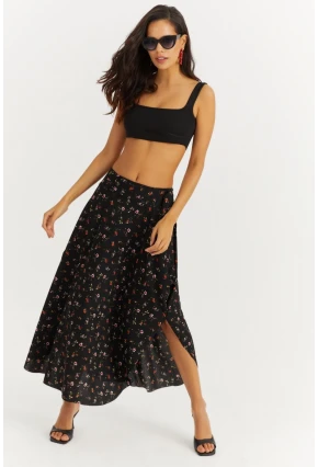 Kadın Siyah-Kırmızı Çiçekli Asimetrik Etek LV81