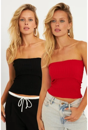 Kadın Siyah-Kırmızı İkili Straplez Triko Bluz YV272