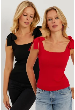 Kadın Siyah-Kırmızı İkili Triko Bluz YV271