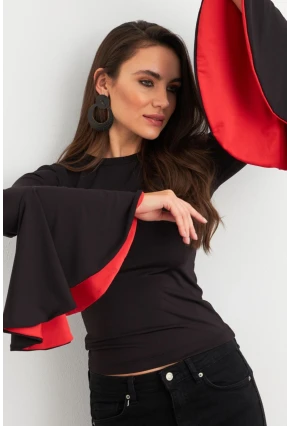 Kadın Siyah-Kırmızı Kontrast Çan Kollu Bluz EY3013