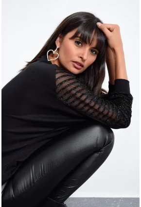 Kadın Siyah Kol Detaylı Bluz BK3027