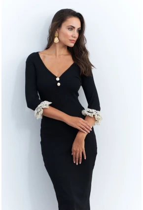 Kadın Siyah Kolları Dantel Detaylı Kaşkorse Midi Elbise EY2955