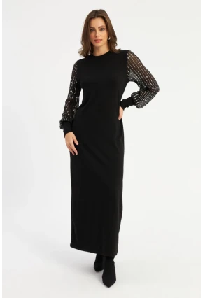 Kadın Siyah Kolları Parlak Tül Detaylı Maxi Elbise MBK56