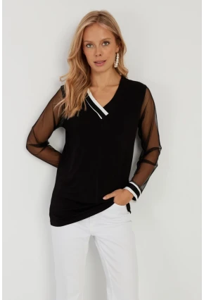 Kadın Siyah Kolları Tül Bluz ST832