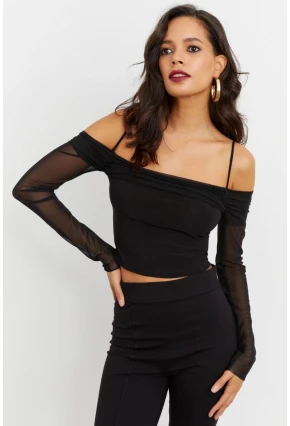 Kadın Siyah Kolları Tül Madonna Yaka Crop Bluz B1927