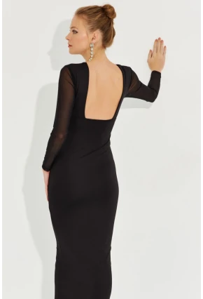 Kadın Siyah Kolları Tül Midi Elbise EY2599