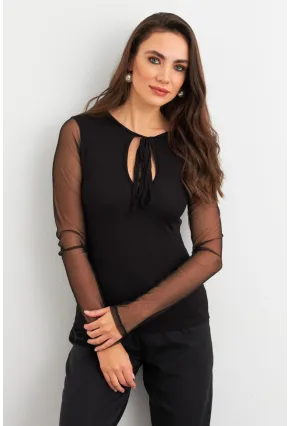 Kadın Siyah Kolları Tül Pencereli Bluz EY3021