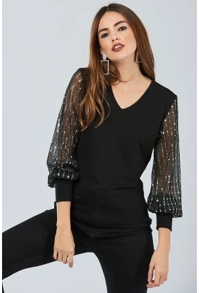 Kadın Siyah Kolu Payetli Bluz BK5024