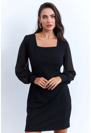 Kadın Siyah Kolu Tül Kare Yaka Midi Elbise ST841