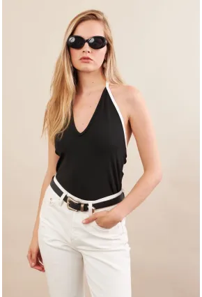 Kadın Siyah Kontrast Biyeli V Yaka Bluz EY3103