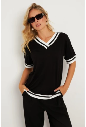 Kadın Siyah Kontrast Bluz ST836