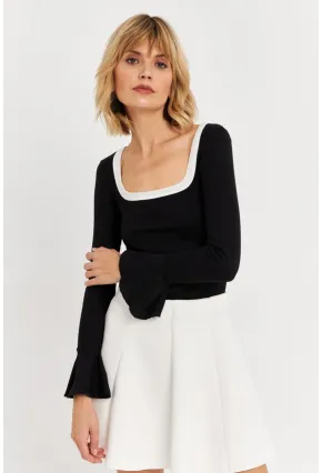 Kadın Siyah Kontrast Yaka İspanyol Kol Bluz ALB3105