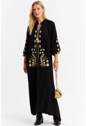 Kadın Siyah Kordon Detaylı Nakışlı Maxi Elbise MALO3