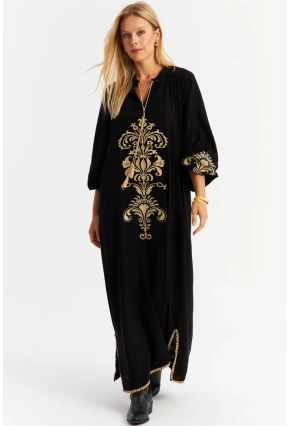 Kadın Siyah Kordon Detaylı Nakışlı Maxi Elbise MALO4