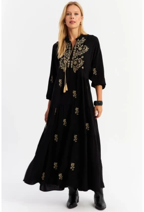 Kadın Siyah Kordon Detaylı Nakışlı Maxi Elbise MALO5
