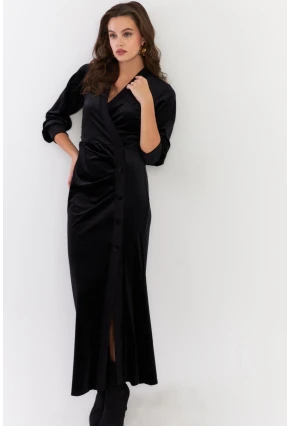 Kadın Siyah Kruvaze Büzgülü Kadife Maxi Elbise ALO1007