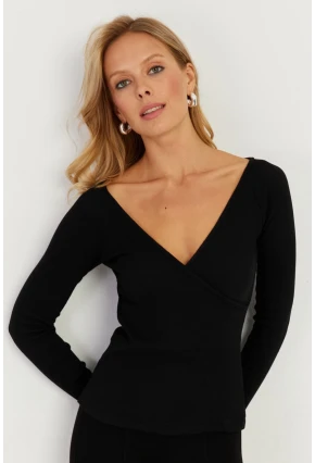 Kadın Siyah Kruvaze Kaşkorse Bluz EY2718