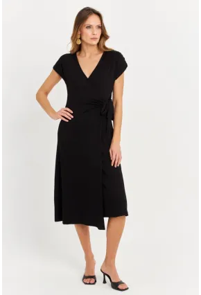 Kadın Siyah Kruvaze Midi Elbise EY3044