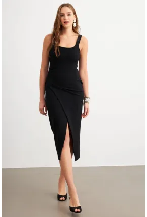 Kadın Siyah Kruvaze Midi Elbise LİT1096