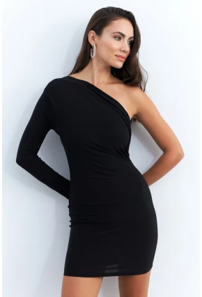 Kadın Siyah Kruvaze Tek Kol Mini Yılbaşı Elbise ELT4035