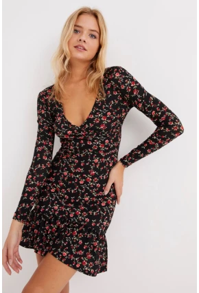 Kadın Siyah Kruvaze Volanlı Mevsimlik Skater Elbise EY1027