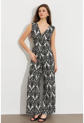 Kadın Siyah Kruvaze Yaka Desenli Bürümcük Tulum MP430