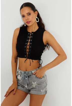 Kadın Siyah Kuş Gözlü Kısa Bluz B2527