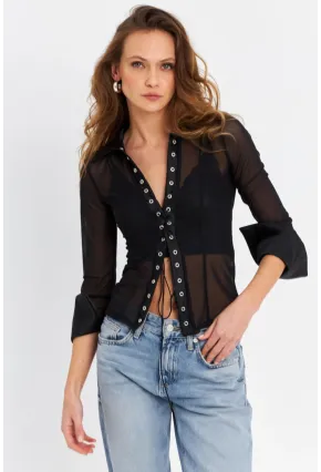 Kadın Siyah Kuşgözlü Tül Gömlek YEL221539