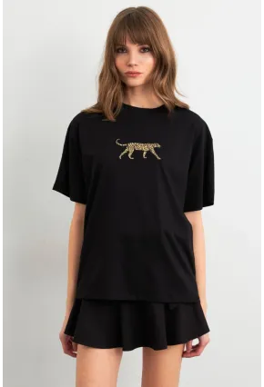 Kadın Siyah Leopar Baskılı T-Shirt RLO110