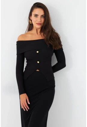 Kadın Siyah Madonna Yaka Bluz RLO77