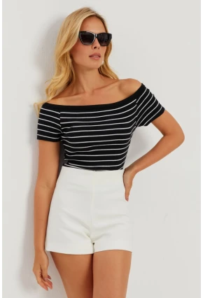 Kadın Siyah Madonna Yaka Çizgili Kaşkorse Bluz AYD311