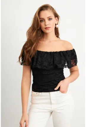 Kadın Siyah Madonna Yaka Dantel Bluz MTK13549