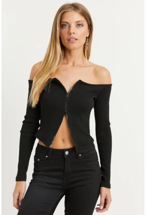 Kadın Siyah Madonna Yaka Fermuarlı Kaşkorse Bluz B1402